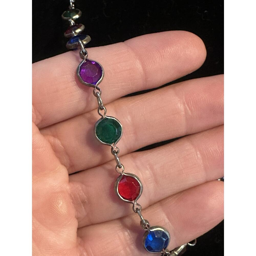 Two Sisters Signed Necklace Bezel Multi Color Glass Chain Lightweight Boho Vtg - Picture 3 of 7
